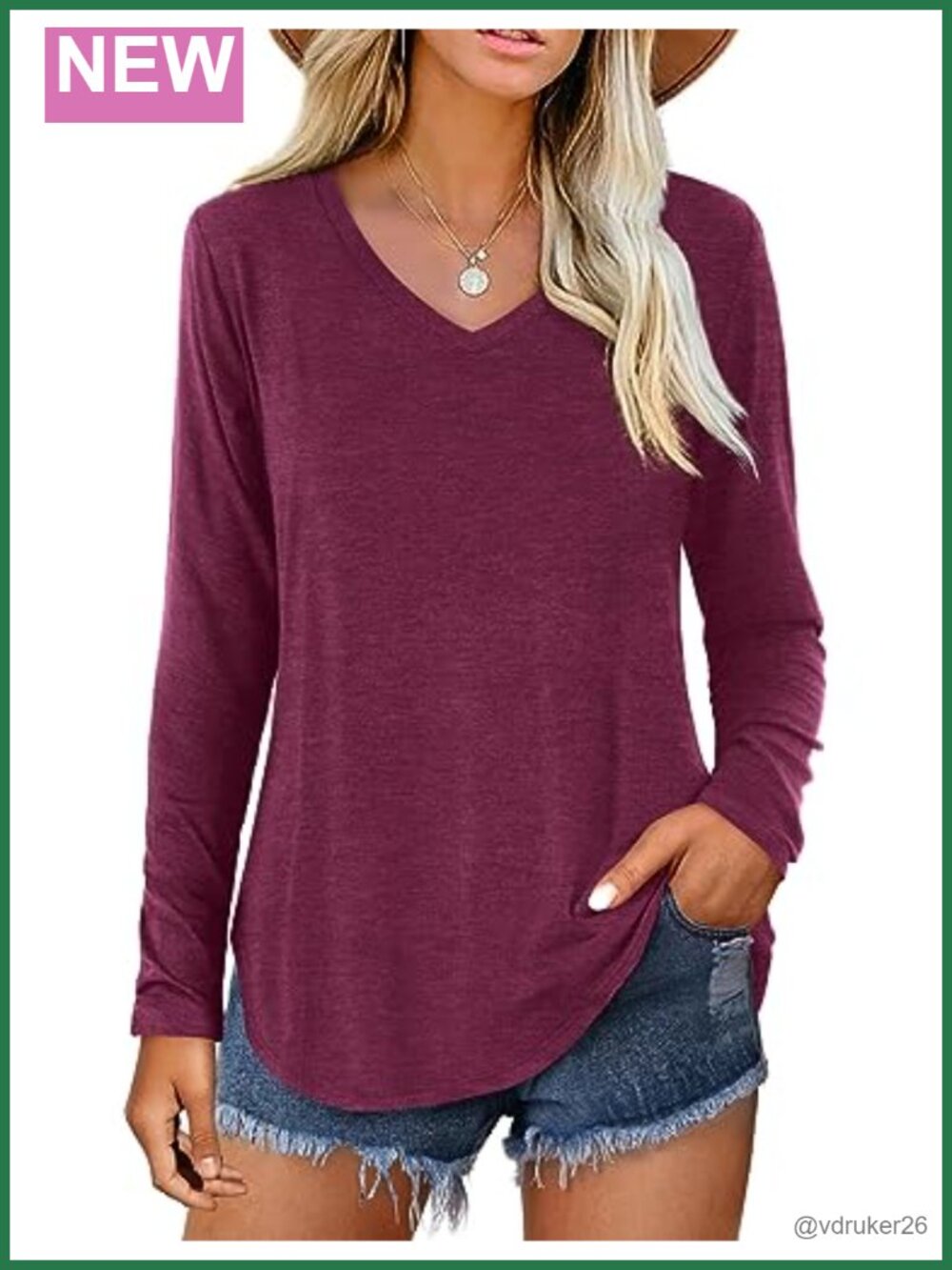 Women's V-Neck Long Sleeve Tunic T-Shirt Casual Loose Fit Plain Tee